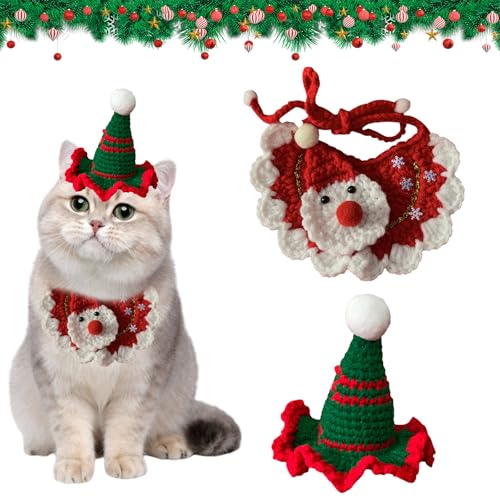 2 Stücke Haustier Weihnachtskostüm,Weihnachtshaustierschal Gestricktes Haustier Weihnachtsmütze,für Kleine Hunde und Katzen (Green hat+red bib) von Toyhood