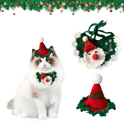 2 Stücke Haustier Weihnachtskostüm,Weihnachtshaustierschal Gestricktes Haustier Weihnachtsmütze,für Kleine Hunde und Katzen (red hat+Green bib) von Toyhood