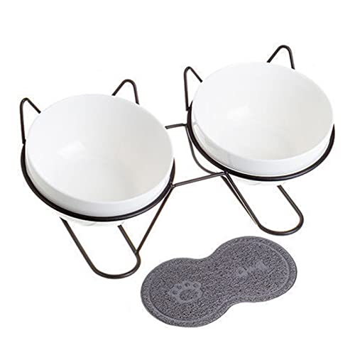 Suppenschüssel, Reisschüssel, Frühstücksschüssel, 2 Katzennäpfe, erhöhte Katzenfutternäpfe aus Keramik for Futter und Wasser, Katzengeschirr mit Edelstahlständer – weiß-goldenes Regal (Color : White von TozLu