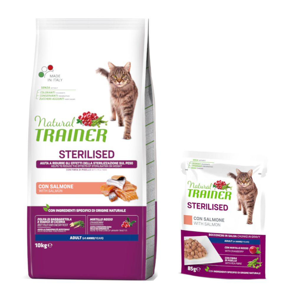 10 kg Natural Trainer Adult + 12 x 85 g passendes Nassfutter zum Sonderpreis! - 10 kg Sterilised mit Lachs+ 12 x 85 g Sterilised Lachs von Trainer Natural Cat