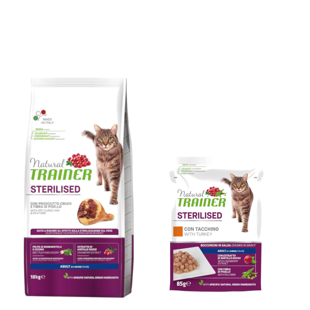 10 kg Natural Trainer Adult + 12 x 85 g passendes Nassfutter zum Sonderpreis! - 10 kg Sterilised mit Rohschinken + 12 x 85 g Sterilised Truthahn von Trainer Natural Cat