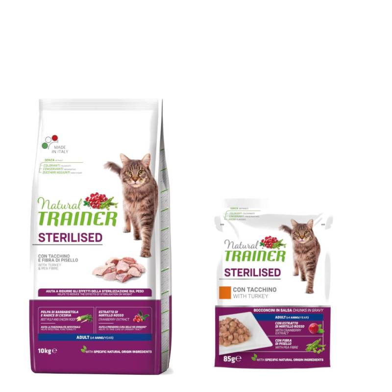 10 kg Natural Trainer Adult + 12 x 85 g passendes Nassfutter zum Sonderpreis! - 10 kg Sterilised mit Truthahn + 12 x 85 g Sterilised Truthahn von Trainer Natural Cat