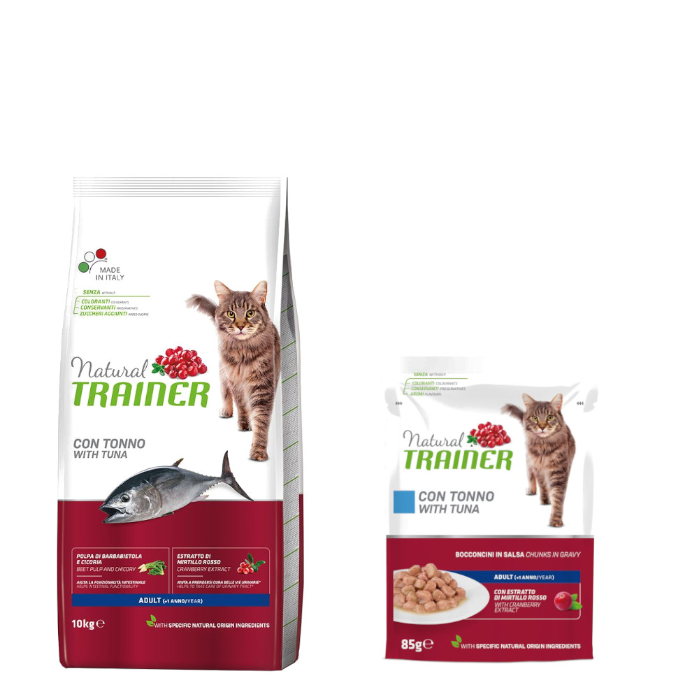 10 kg Natural Trainer Adult + 12 x 85 g passendes Nassfutter zum Sonderpreis! - 10 kg mit Thunfisch + 12 x 85 g Thunfisch von Trainer Natural Cat