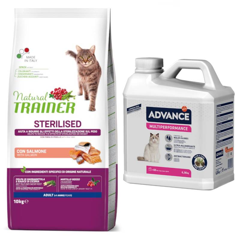 10 kg Natural Trainer Sterilised Adult + 6,36 kg Advance Multiperformance Klumpstreu gratis! - mit Lachs von Trainer Natural Cat