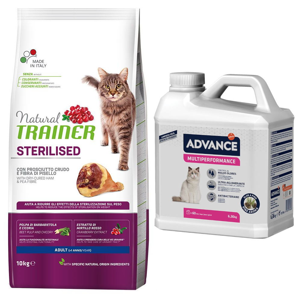 10 kg Natural Trainer Sterilised Adult + 6,36 kg Advance Multiperformance Klumpstreu gratis! - mit Rohschinken von Trainer Natural Cat