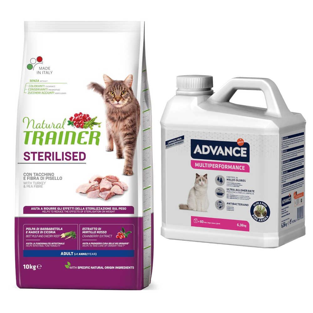 10 kg Natural Trainer Sterilised Adult + 6,36 kg Advance Multiperformance Klumpstreu gratis! - mit Truthahn von Trainer Natural Cat