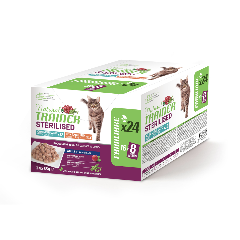 38 + 10 gratis! 48 x 85 g Natural Trainer Adult - Sterilised Mixpaket: Truthahn und Kabeljau von Trainer Natural Cat