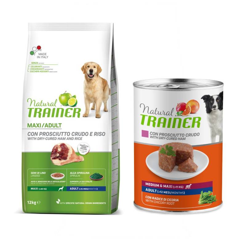 12 kg Nova foods Trainer Natural + 400 g passendes Nassfutter gratis! - Adult Maxi Prosciutto + Medium & Maxi Adult mit Schinken von Trainer Natural Dog