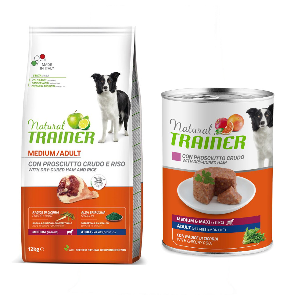 12 kg Nova foods Trainer Natural + 400 g passendes Nassfutter gratis! - Adult Medium Prosciutto + Medium & Maxi Adult mit Schinken von Trainer Natural Dog