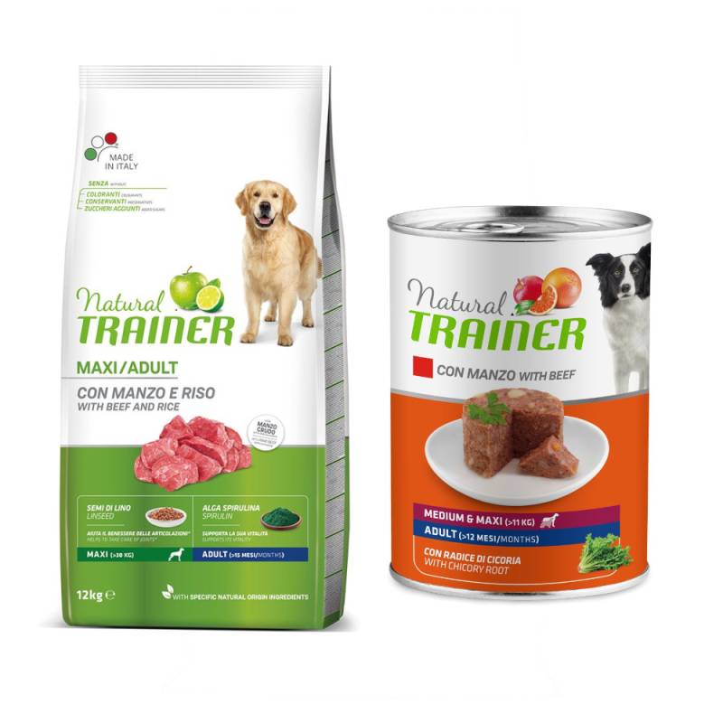 12 kg Nova foods Trainer Natural + 400 g passendes Nassfutter gratis! - Maxi, Beef, Rice und Spirulina + Medium & Maxi Adult mit Rind von Trainer Natural Dog