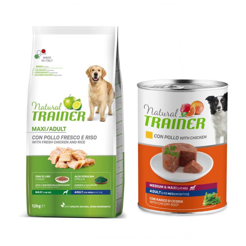 12 kg Nova foods Trainer Natural + 400 g passendes Nassfutter gratis! - Maxi Chicken, Rice, Aloe vera + Medium & Maxi Adult mit Huhn von Trainer Natural Dog