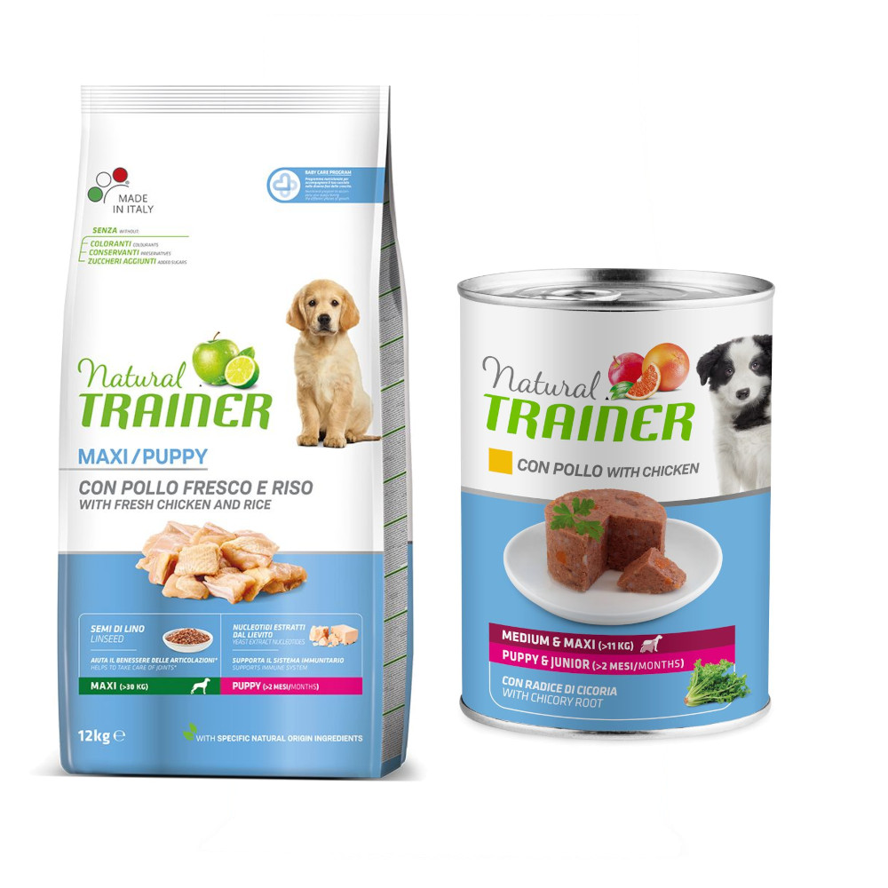 12 kg Nova foods Trainer Natural + 400 g passendes Nassfutter gratis! - Maxi Puppy + Medium & Maxi Puppy & Junior mit Huhn von Trainer Natural Dog