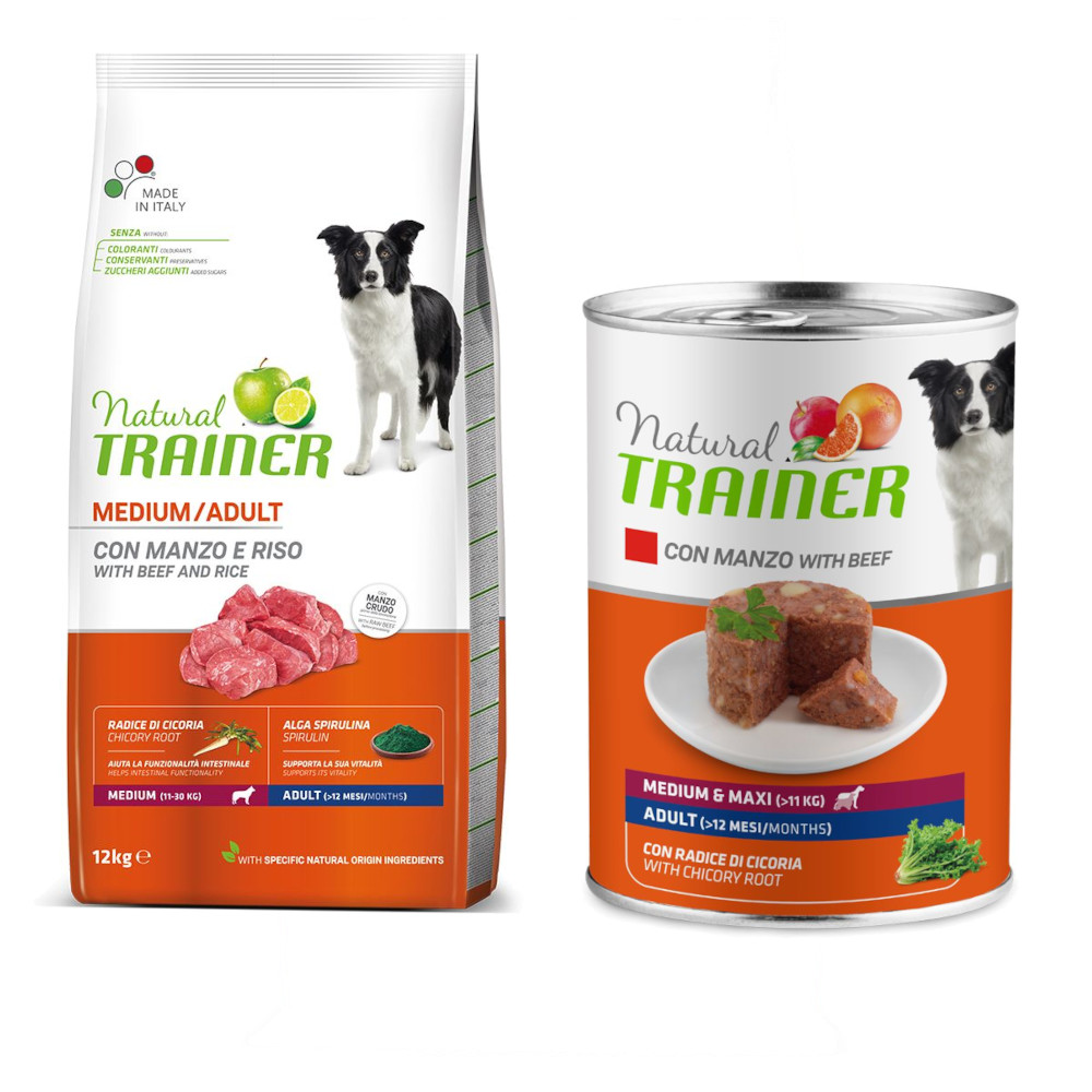 12 kg Nova foods Trainer Natural + 400 g passendes Nassfutter gratis!  - Medium, Rind, Reis, Spirulina + Medium & Maxi Adult mit Rind von Trainer Natural Dog