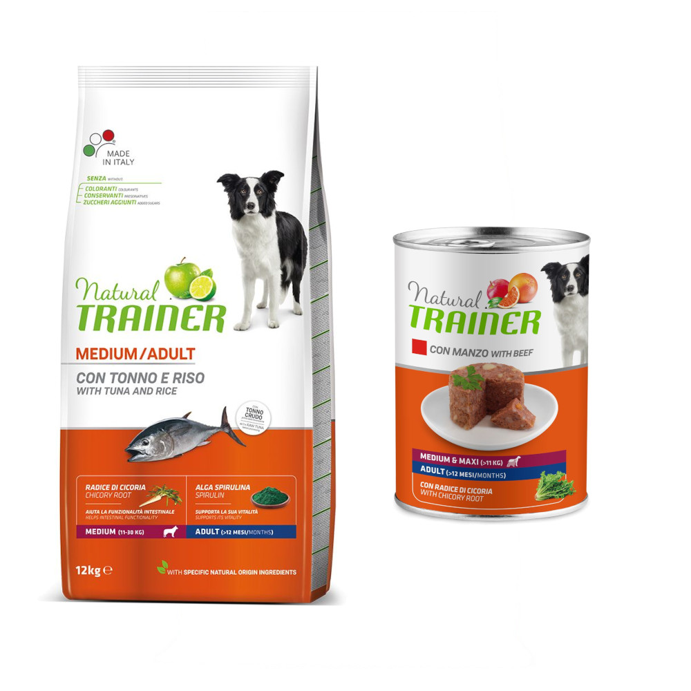 12 kg Nova foods Trainer Natural + 400 g passendes Nassfutter gratis! - Medium Adult mit Thunfisch und Reis + Medium & Maxi Adult mit Rind von Trainer Natural Dog