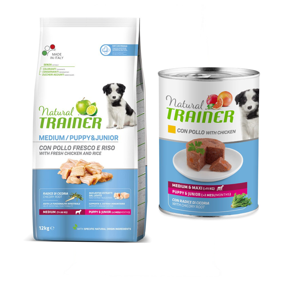 12 kg Nova foods Trainer Natural + 400 g passendes Nassfutter gratis! - Medium Puppy & Junior + Medium & Maxi Puppy & Junior mit Huhn von Trainer Natural Dog