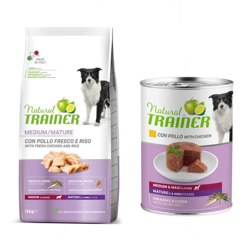 12 kg Nova foods Trainer Natural + 400 g passendes Nassfutter gratis! - Medium Senior + Maintenance Mature Medium & Maxi mit Huhn von Trainer Natural Dog