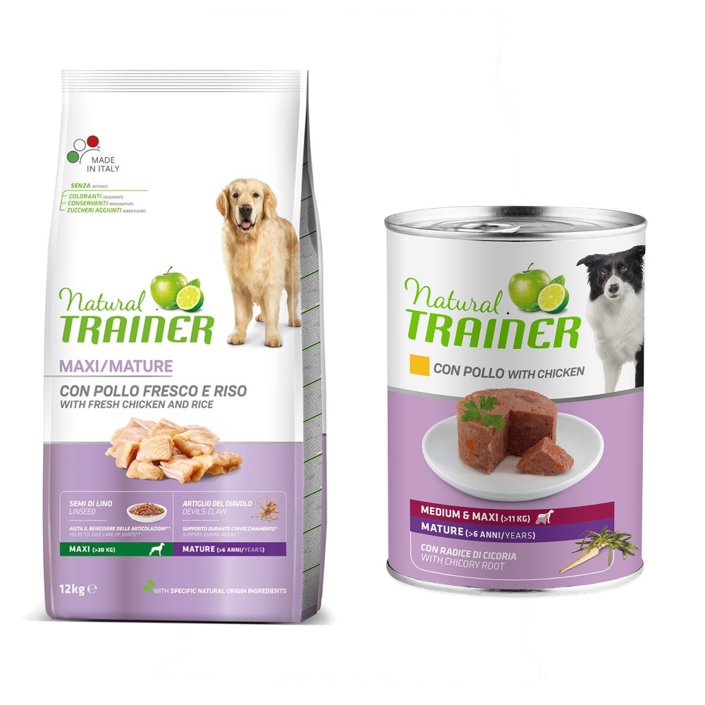 12 kg Nova foods Trainer Natural + 400 g passendes Nassfutter gratis! - Senior Maxi + Maintenance Mature Medium & Maxi mit Huhn von Trainer Natural Dog