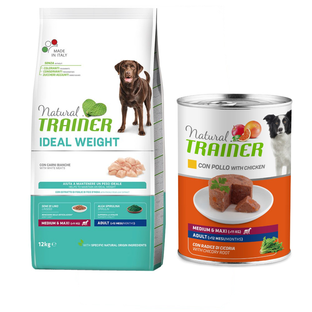 12 kg Nova foods Trainer Natural + 400 g passendes Nassfutter gratis! - Weight Care Medium / Maxi + Medium & Maxi Adult mit Huhn von Trainer Natural Dog