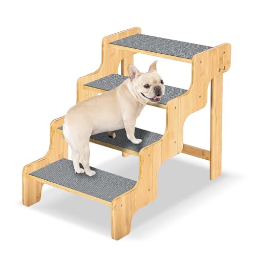 Hundetreppe für Hochbett und Couch, Bambus Hundetreppe für Große und Kleine Hunde, 4-stufige rutschfeste ausgewogene Haustiertreppe für Hund/Katze, Hundetreppe aus Holz für Hochbetten von Transni