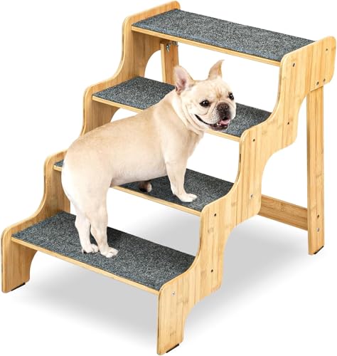 Hundetreppe für Kleine Hunde, Bambus Hundetreppe für Hochbett und Couch, 4-stufige rutschfeste ausgewogene Haustiertreppe für Hund/Katze, Holz Hunderampe für Hochbett von Transni