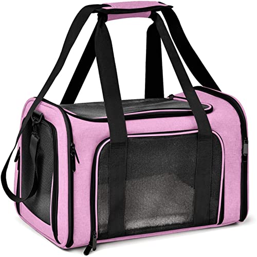 Treer Transporttasche für Haustiere, Transportbox für Hunde & Katzen, Faltbar Haustiertransportbox Einfache Leichte Reise Tragetasche Für Reisen im Flugzeug, Auto oder Zug (50x34x34CM,Rosa) von Treer