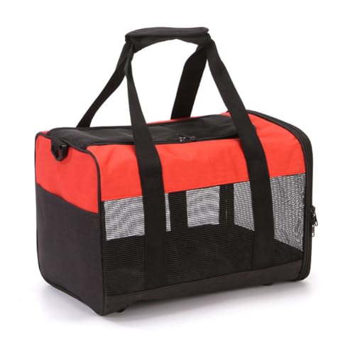 Treer Transporttasche für Haustiere, Transportbox für Hunde & Katzen, Faltbar Haustiertransportbox Leichte Reise Tragetasche Für Reisen im Flugzeug, Auto oder Zug (38x25x26cm,Schwarz Rot) von Treer