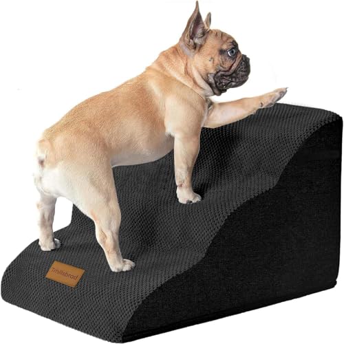 Breiter Hundetreppe 3 Stufen 30cm hoch für Kleine Hunde, Hochdichtem Schaumstoff Haustiertreppe, Waschbarem Bezug und Rutschfestem Boden, 32x60x30cm von Trhillsbrad