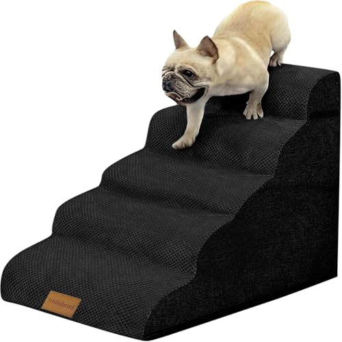 Breiter Hundetreppe Schwarz 5 Stufen 62cm hoch für Kleine Hunde, Hochdichtem Schaumstoff Haustiertreppe, Waschbarem Bezug und Rutschfestem Boden von Trhillsbrad