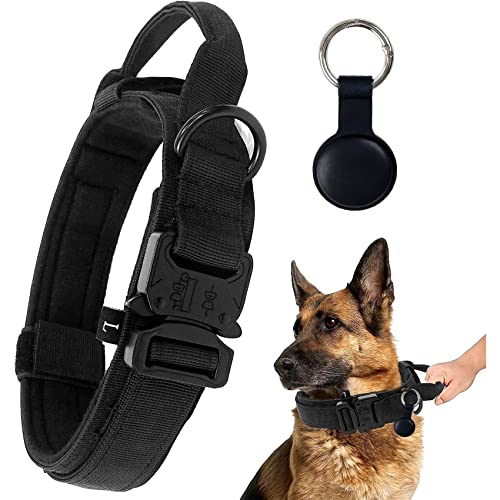 Verstellbare Airtag Hundehalsbandhalter Robuste Kontrollgriff, Taktisches Hundehalsband mit Airtag Metallschnalle für Mittlere Große Hunde,Hundehalsband breit 3.8CM, Nylon (L, Schwarz) von Trhillsbrad