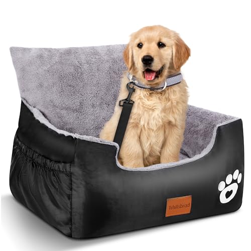 Trhillsbrad Hunde Autositz, 55x30x30CM, 2 ansteckbare, verstellbare Sicherheitsleinen, Auto-Hundebett für 2 kleine Hunde, komplett abnehmbarer und waschbarer Autositz für Haustiere mit 2 Aufbewahrungs von Trhillsbrad