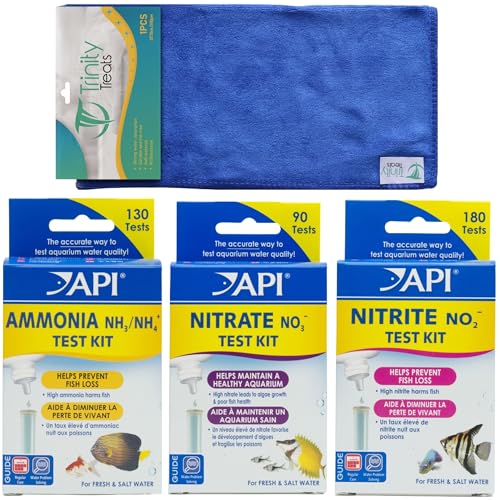 Trinity Treats API Süßwasser und Salzwasser Aquarium Wassertest Kit inkl. Trinity Treats Mikrofaser Reinigungstuch (API-Nitrat-Testset, API-Nitrit-Testset, API-Ammoniak-Test-Kit) von Trinity Treats