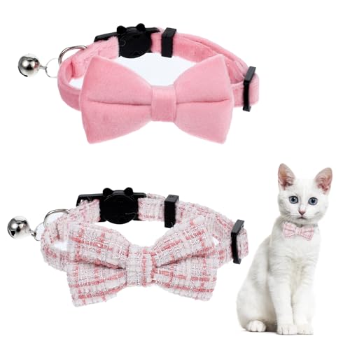 Niedliche Katzenhalsbänder für Mädchen, Katzen, Rosa, Kätzchen, Fliege mit Glöckchen, Sicherheitshalsbänder, kariert, einfarbig, Geschenk, Haustierhalsband-Set, festlich für weibliche Katzen, 2 Stück von Trinkrittey