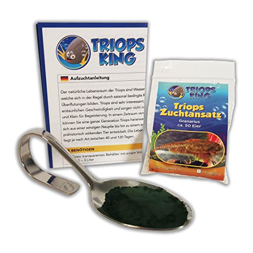 Triops Granarius Urzeitkrebse Starter Set mit ca. 50 Urzeitkrebs-Eiern / Zysten von Triops King aus Deutschland, Anleitung zur Zucht und Jungtier-Futter - Züchte deine eigenen Urzeitkrebse bei dir zu Hause im Aquarium von Triops King