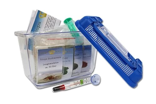 Triops King Urzeitkrebse Einsteiger Set II 150 Eier und einem blauen Deckel - Inkl. Futter, Anleitung, Sand, Thermometer, Triopseiern der Art Longicaudatus und vielem mehr von Triops King