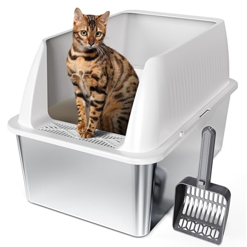 XXL Katzentoilette aus Edelstahl, extra groß, 71,1 x 52,1 x 35,6 cm, hohe Seiten, Metall, leicht zu reinigen, kein Geruch von Tripamin