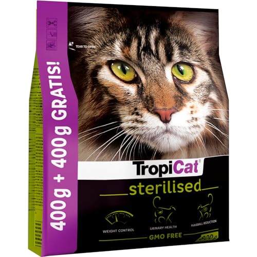 Komplettes Trockenfutter für ausgewachsene Katzen nach der Sterilisation mit Tropicat Sterilised Huhn 800 g von TropiCat