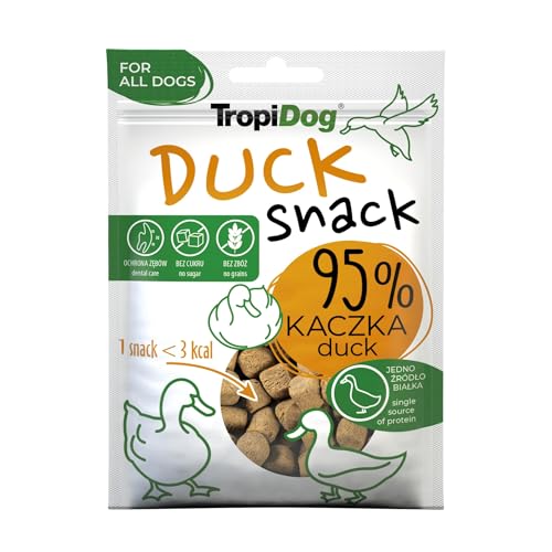 Monoprotein-Hundesnack mit 95% Ente, getreidefrei, zuckerfrei & ohne Konservierungsstoffe. Ideal für Training, Spaziergänge & unterstützt Mundhygiene – TropiDog Snack Duck 70g von TropiDog