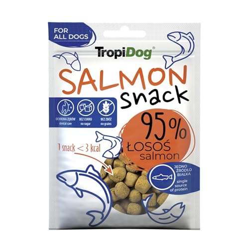 Monoprotein-Hundesnack mit 95% Lachs, getreidefrei, zuckerfrei & ohne Konservierungsstoffe. Ideal für Training & Spaziergänge, unterstützt Mundhygiene – TropiDog Snack Salmon 70g von TropiDog