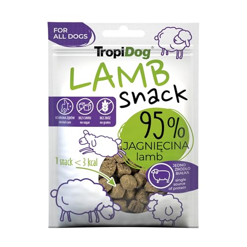 Monoprotein-Hundesnack mit 95% Lamm, getreidefrei, zuckerfrei & ohne Konservierungsstoffe. Ideal für Training & Spaziergänge, unterstützt Mundhygiene – TropiDog Snack Lamb 70g von TropiDog