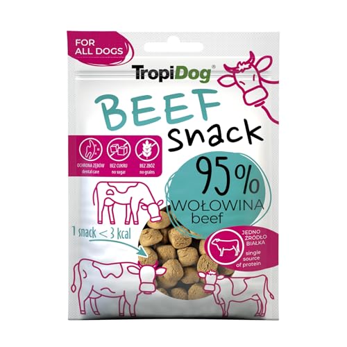 Monoprotein-Hundesnack mit 95% Rindfleisch, getreidefrei, zuckerfrei & ohne Konservierungsstoffe. Ideal für Training, Spaziergänge & unterstützt Mundhygiene – TropiDog Snack Beef 70g von TropiDog