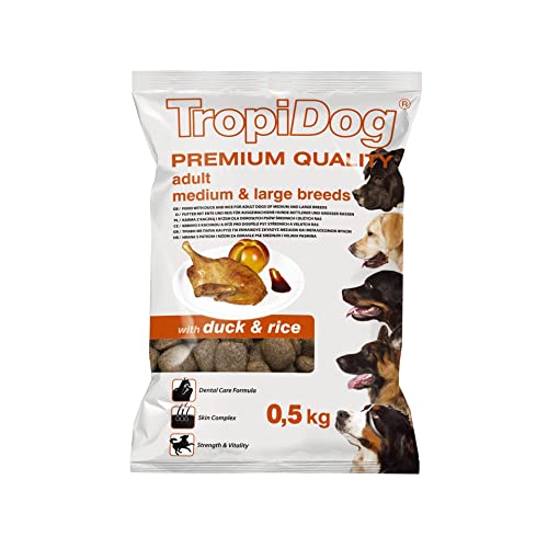 Premium Trockenfutter für Hunde mit Ente und Reis für Erwachsene mittlerer und großer Rassen, 500 g von TropiDog