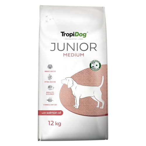 Trockenfutter für Welpen (2-12 Monate) mit Probiotika, Lachsöl & Omega-3 zur Unterstützung von Immunität, Verdauung & Gehirnentwicklung – TropiDog Probiotic Line Junior Medium 12kg von TropiDog