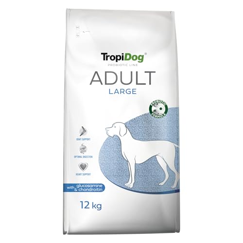 Trockenfutter für große Erwachsene Hunde mit Probiotika, Glucosamin & Chondroitin für gesunde Gelenke, Immunität & Verdauung – TropiDog Probiotic Line Adult Large 12kg von TropiDog