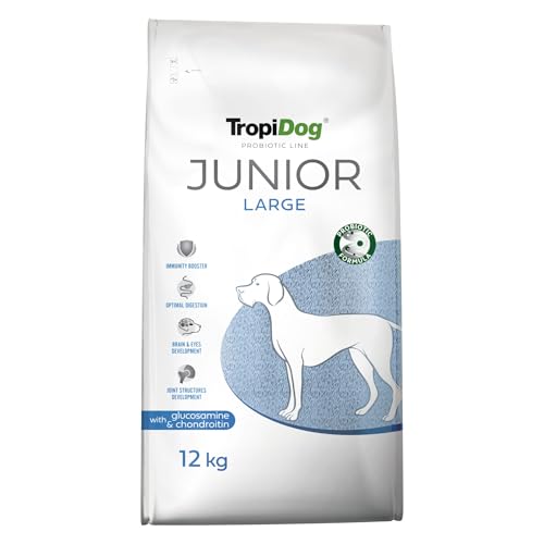 Trockenfutter für große Welpen (2-15 Monate) mit Probiotika, Glucosamin, Chondroitin & Omega-3 für Gelenke, Immunität & Verdauung – TropiDog Probiotic Line Junior Large 12kg von TropiDog