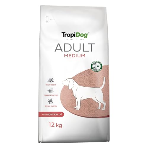 Trockenfutter für mittelgroße Erwachsene Hunde (ab 12 Monaten) mit Probiotika, Lachsöl & Antioxidantien für Vitalität, Verdauung & gesundes Fell – TropiDog Probiotic Line Adult Medium 12kg von TropiDog