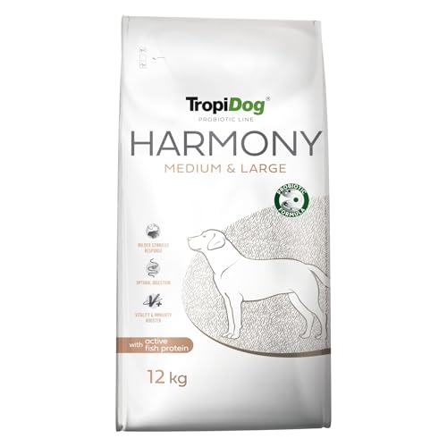 Trockenfutter für mittelgroße und große Hunde mit Probiotika & aktivem Fischprotein zur Unterstützung von Verdauung & Vitalität – TropiDog Probiotic Line Harmony Adult Medium & Large 12kg von TropiDog