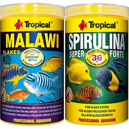 Tropical 1 Liter Spirulina Forte 36% + 1 Liter Malawi Flocken Doppelpack 2 er Set Cichlid Malawi Fischfutter+ Gratis Futterproben von rusepin