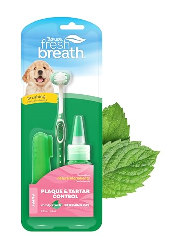 TropiClean Fresh Breath Zahnreinigungsset für Welpen — Atemerfrischer Zahnpflege — Komplettes Hundezahnbürstenset für Welpen — hilft beim Entfernen von Plaque und Zahnstein, für Welpen, 59 ml (Verpackung kann variieren) von Tropiclean