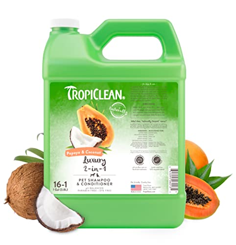 TropiClean Shampoo für Haustiere - Luxus 2 in 1 - Reinigt, Spendet Feuchtigkeit, pflegt Haut & Fell I Für Hunde & Katzen I Parabens-, Farbstoff- und Seifenfrei - Papaya & Kokosnuss, 3,78 L von Tropiclean