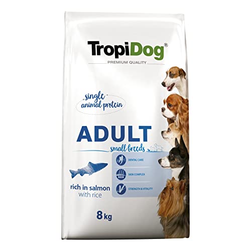 Premium Trockenfutter, reich an Lachs mit Reis, für ausgewachsene Hunde Kleiner Rassen, 8 kg von Tropidog